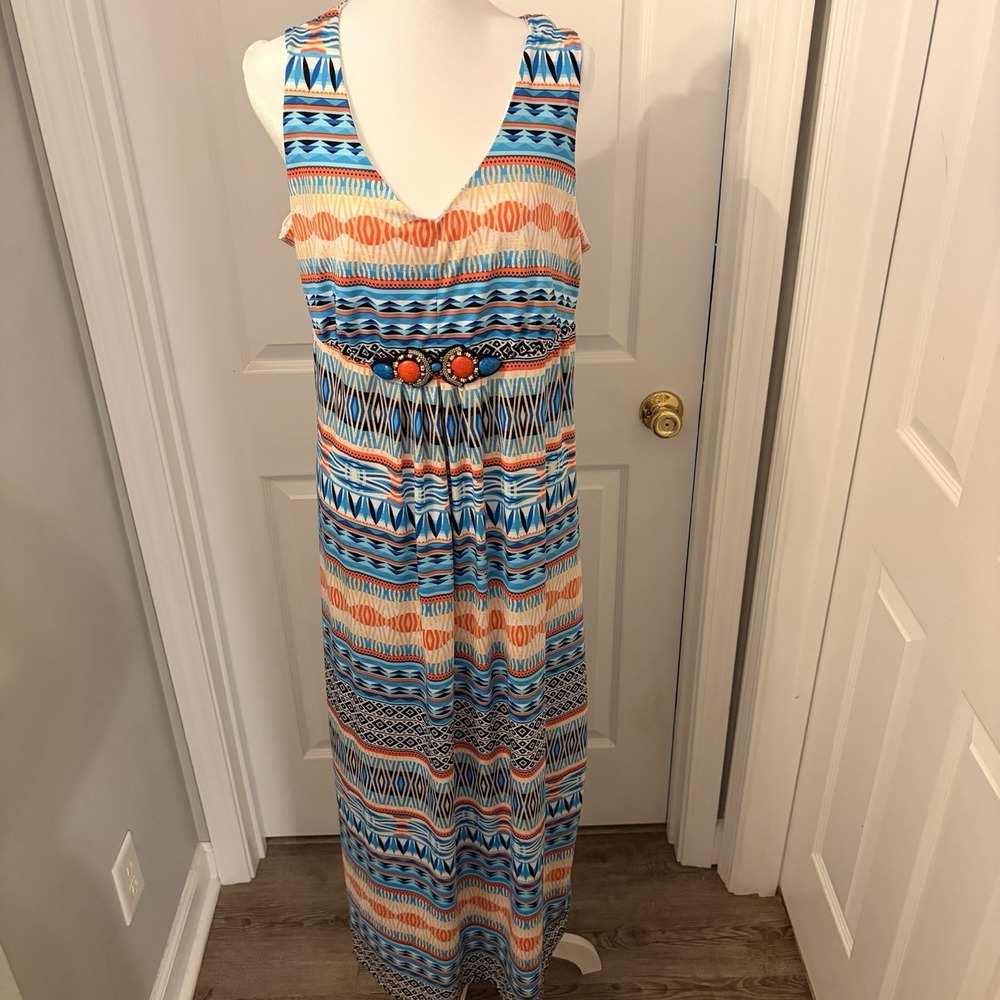 New Directions Geometric Tribal Maxi Dress Embellished V-Neck Aztec Boho PXL EUC